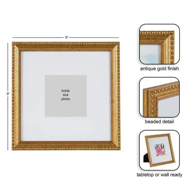 Alt view image 2 of 7 - DesignOvation 8x8 Matted for 4x4 Beaded Gold Decorative Tabletop Picture Frame