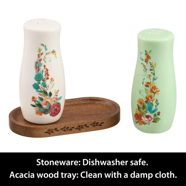 Alt view image 5 of 5 - Pioneer Woman Painted Meadow 3Piece Salt and Pepper Shaker Set with Acacia Wood Tray, Floral Stoneware Seasoning Containers, Vintage CountryStyle Table Decor for Kitchen Countertop & Dining Table