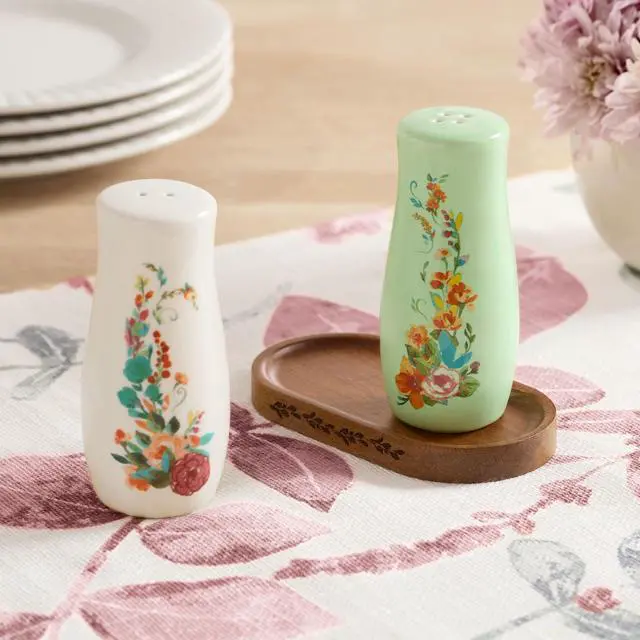 Alt view image 4 of 5 - Pioneer Woman Painted Meadow 3Piece Salt and Pepper Shaker Set with Acacia Wood Tray, Floral Stoneware Seasoning Containers, Vintage CountryStyle Table Decor for Kitchen Countertop & Dining Table
