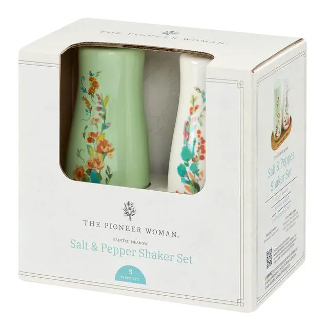 Alt view image 2 of 5 - Pioneer Woman Painted Meadow 3Piece Salt and Pepper Shaker Set with Acacia Wood Tray, Floral Stoneware Seasoning Containers, Vintage CountryStyle Table Decor for Kitchen Countertop & Dining Table
