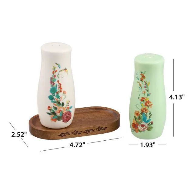 Alt view image 3 of 5 - Pioneer Woman Painted Meadow 3Piece Salt and Pepper Shaker Set with Acacia Wood Tray, Floral Stoneware Seasoning Containers, Vintage CountryStyle Table Decor for Kitchen Countertop & Dining Table