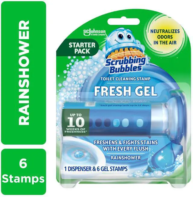 Main image of Scrubbing Bubbles Automatic Toilet Bowl Cleaner, Fresh Gel Cleaning Stamp, Rainshower, Dispenser & 6 Gel Stamps