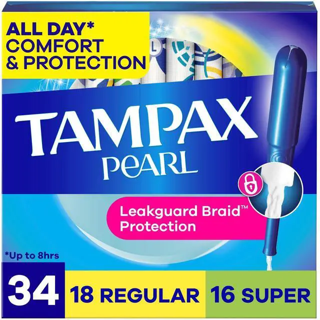 Main image of Tampax Pearl Tampons Duo Multipack with LeakGuard Braid, Regular/Super Absorbency, 34 Count