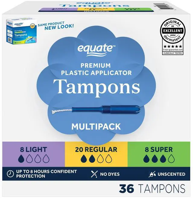 Main image of Equate Tampons with Premium Plastic Applicators, Unscented, Light/Regular/Super, 36 Count