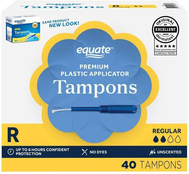 Main image of Equate Tampons with Premium Plastic Applicators, Unscented, Regular (40 Count)