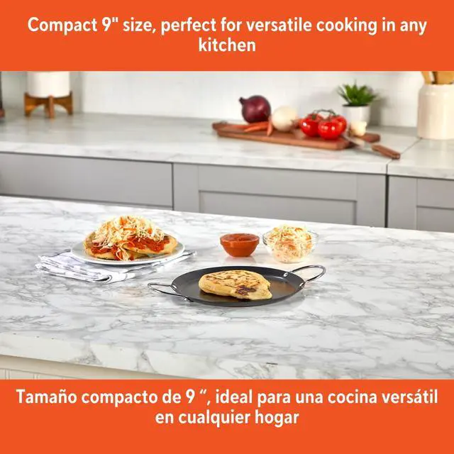 Alt view image 2 of 5 - IMUSA 9Inch Round Carbon Steel Comal Pan, NonStick Flat Griddle with Riveted Side Handles, OvenSafe Tortilla Quesadilla Crepe Pancake Griddle, MultiPurpose Traditional Mexican Cookware