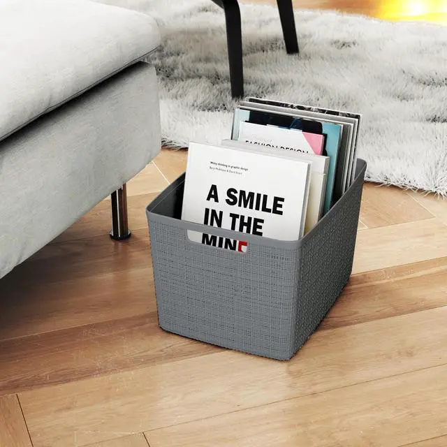 Alt view image 6 of 6 - Curver Jute Large Gray Plastic Decorative Storage Basket, 14 in x 11 in x 9 in