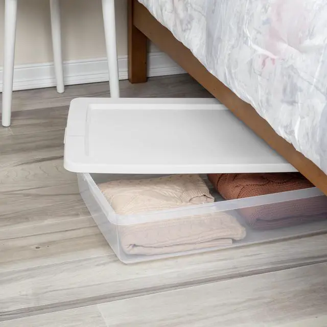 Alt view image 2 of 7 - Sterilite 41 Quart Medium Storage Bin, Clear Plastic Underbed Storage Container with Snap-On Lid, White