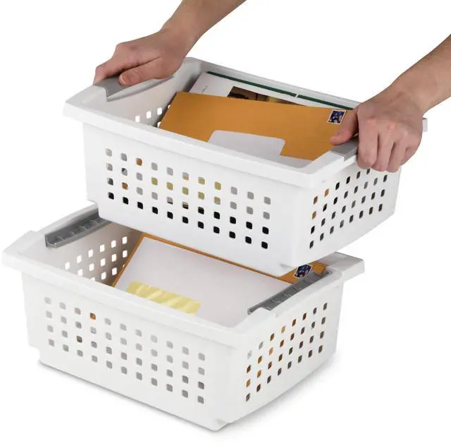 Alt view image 7 of 7 - Sterilite Medium Stacking Basket, Open Plastic Bin, Space Saving Organizers, White