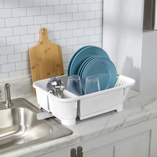 Alt view image 2 of 7 - Mainstays Kitchen Sink Organizer Set with Self-Draining Caddy, Soap Dispenser, Sponge Holder and Retractable Spout for Sink Storage, White