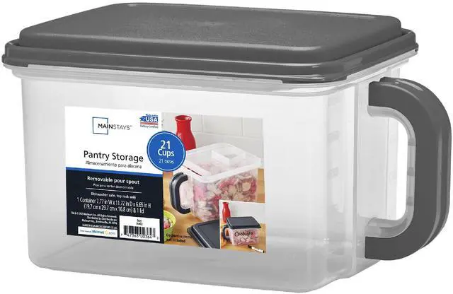Main image of Mainstays Medium Plastic Canister with Handle, 21 Cups, Gray Lid and Handle, Made for Pantry Organization and Food Storage