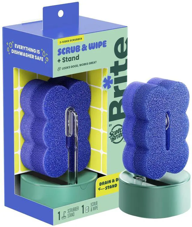 Main image of Brite by Scotch-Brite Scrub & Wipe with Drain + Dry Stand, Kitchen Sponge for Washing Dishes, 1 Scrub Sponge