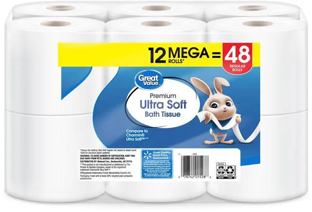 Main image of Great Value Ultra Soft Toilet Paper, 12 Mega Rolls, Compare to Charmin® Ultra Soft