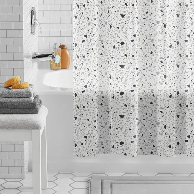 Alt view image 2 of 6 - Mainstays Eco-friendly Terrazzo Waterproof Recycled PEVA Shower Curtain Set and Hooks, Black, White