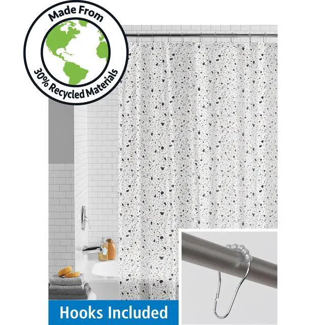 Alt view image 3 of 6 - Mainstays Eco-friendly Terrazzo Waterproof Recycled PEVA Shower Curtain Set and Hooks, Black, White