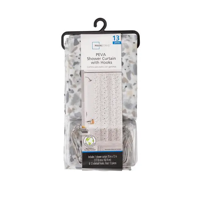 Main image of Mainstays Eco-friendly Terrazzo Waterproof Recycled PEVA Shower Curtain Set and Hooks, Black, White