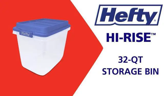 Main image of Hefty HI-RISE 32 Quart Small Storage Bin, Clear Plastic Storage Container with HI-RISE Latch Lid, Blue