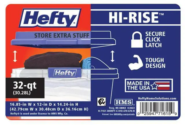 Alt view image 6 of 6 - Hefty HI-RISE 32 Quart Small Storage Bin, Clear Plastic Storage Container with HI-RISE Latch Lid, Blue