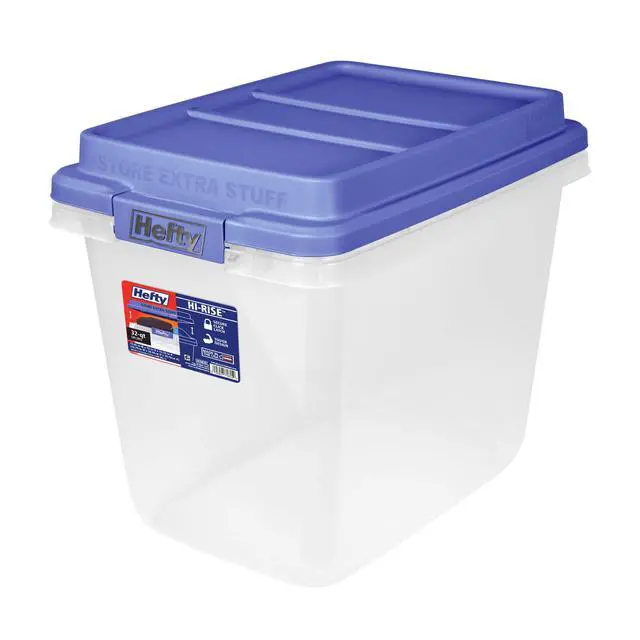 Alt view image 4 of 6 - Hefty HI-RISE 32 Quart Small Storage Bin, Clear Plastic Storage Container with HI-RISE Latch Lid, Blue