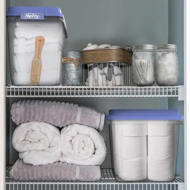 Alt view image 2 of 6 - Hefty HI-RISE 32 Quart Small Storage Bin, Clear Plastic Storage Container with HI-RISE Latch Lid, Blue