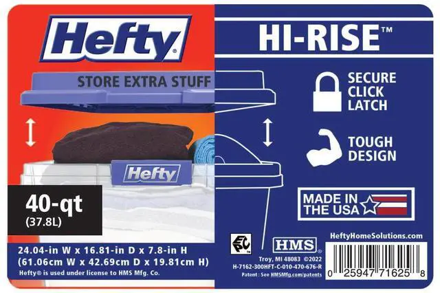 Alt view image 2 of 6 - Hefty HI-RISE 40 Quart Medium Latching Storage Bin, Clear Plastic Storage Container with HI-RISE Latch Lid, Blue