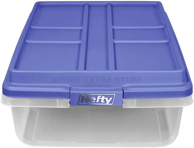 Main image of Hefty HI-RISE 40 Quart Medium Latching Storage Bin, Clear Plastic Storage Container with HI-RISE Latch Lid, Blue