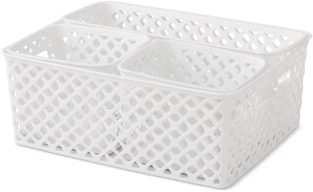 Main image of Mainstays 4-Piece White Decorative Plastic Storage Basket Set, 14 in x 11.6 in x 5.3 in