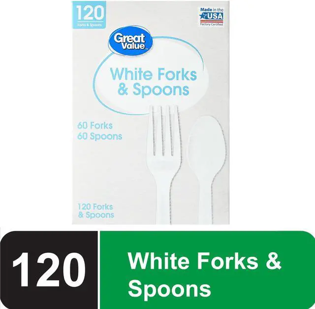 Main image of Great Value Everyday Disposable Plastic Forks and Spoons, White, 120 Count, 60 Forks and 60 Spoons