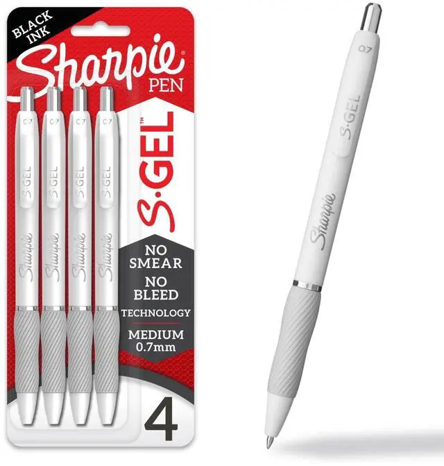 Main image of Sharpie S-Gel, Gel Pens, Medium Point (0.7mm), Black Ink, Pearl White Barrel, 4 Count
