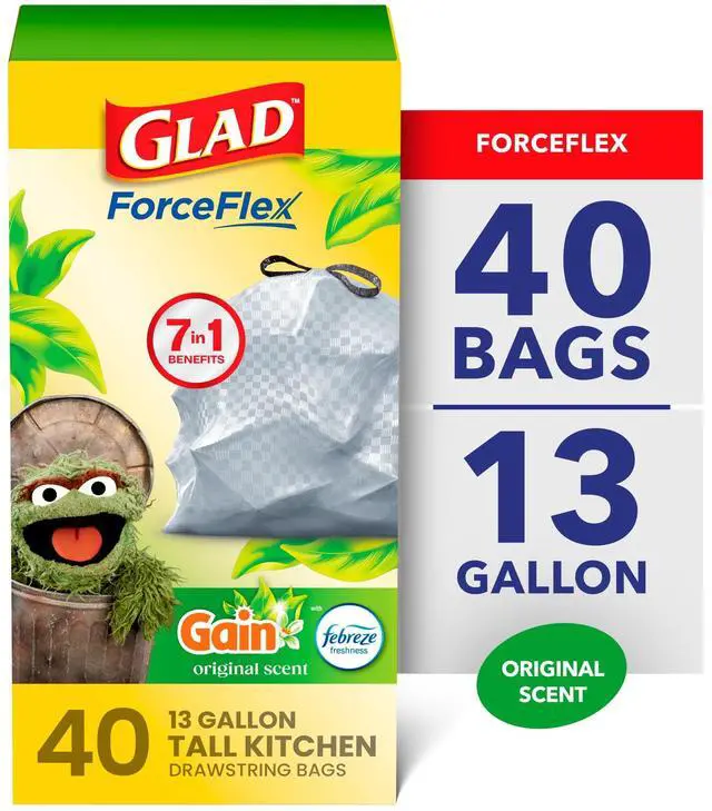 Main image of Glad ForceFlex 13-Gallon Drawstring Tall Kitchen Trash Bags, Gain Original Scent, 40 Bags