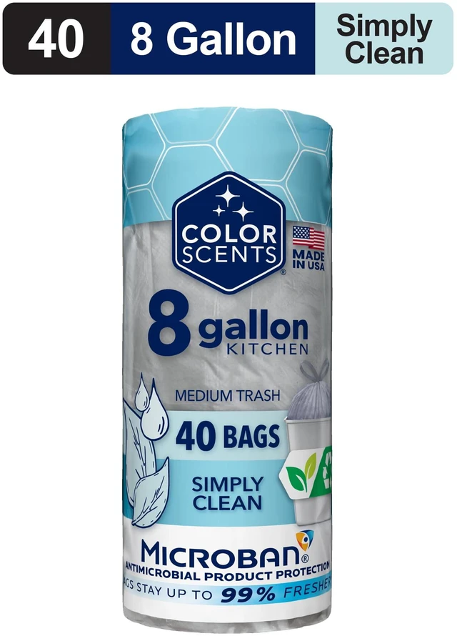 Main image of Color Scents Medium Drawstring Trash Bags, 8-Gallon, 40 Count, with Simply Clean Scent, Microban Protection