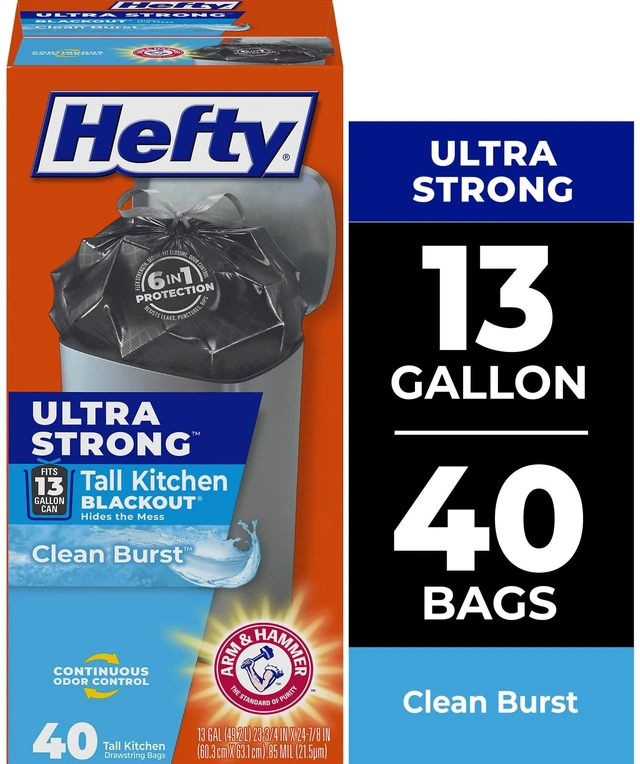Main image of Hefty Ultra Strong 13 Gallon Tall Kitchen Trash Bags, Blackout, Clean Burst Scent, 40 Count