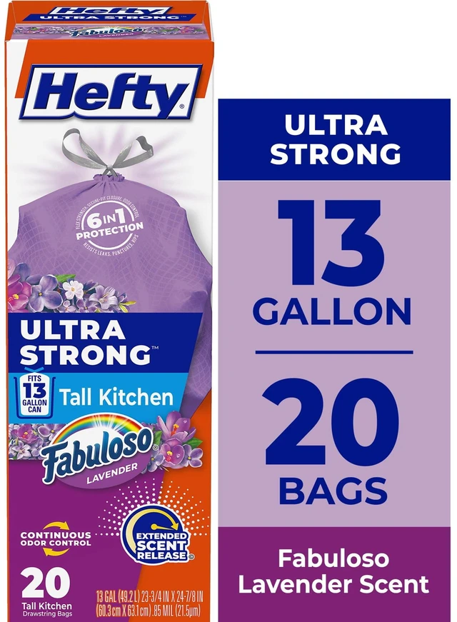 Main image of Hefty Ultra Strong 13 Gallon Tall Kitchen Trash Bags, Purple, Fabuloso Lavender Scent, 20 Bags
