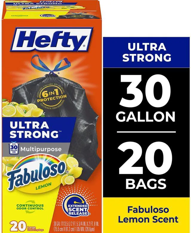 Main image of Hefty Ultra Strong 30Gallon Black Trash Bags, Fabuloso Lemon Scent, 20Bags