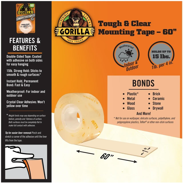 Alt view image 5 of 5 - Gorilla Tough & Clear Double-Sided Mounting Tape 6065201, 60" Roll, 1 Pack