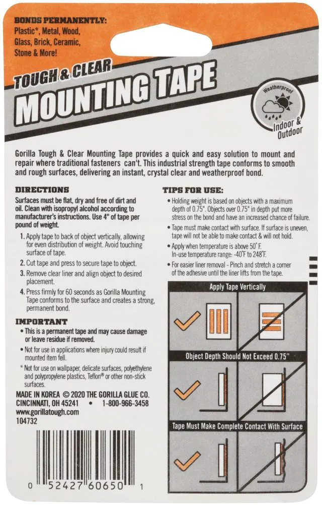 Alt view image 3 of 5 - Gorilla Tough & Clear Double-Sided Mounting Tape 6065201, 60" Roll, 1 Pack