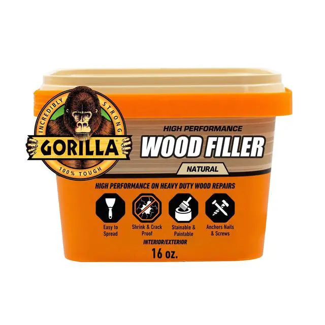 Main image of Gorilla Wood Filler Natural Finish 16 Ounce Tub, Water Resistant Indoor/Outdoor