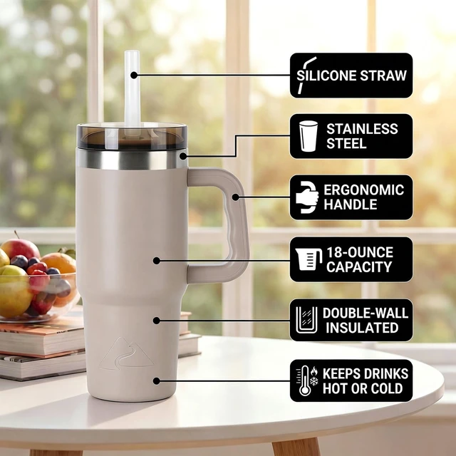 Alt view image 4 of 4 - Ozark Trail 18oz Stainless Steel Insulated Tumbler with Handle, Tan