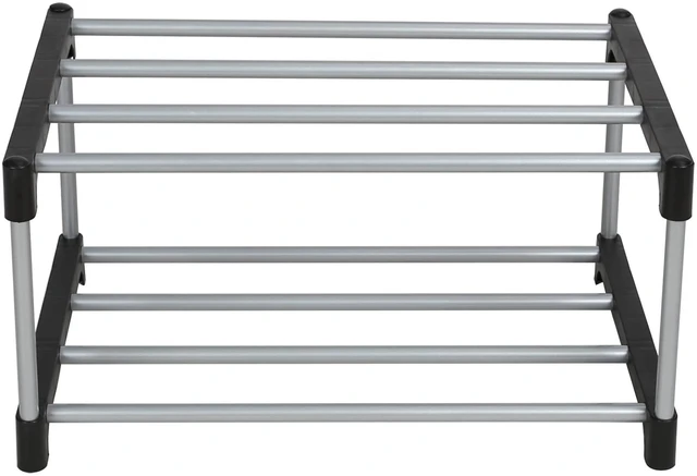 Main image of Mainstays 2-Tier Black and Silver Shoe Rack with Iron Poles & Plastic Connectors, 4Pairs