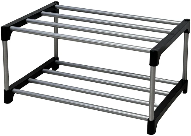 Alt view image 3 of 4 - Mainstays 2-Tier Black and Silver Shoe Rack with Iron Poles & Plastic Connectors, 4Pairs