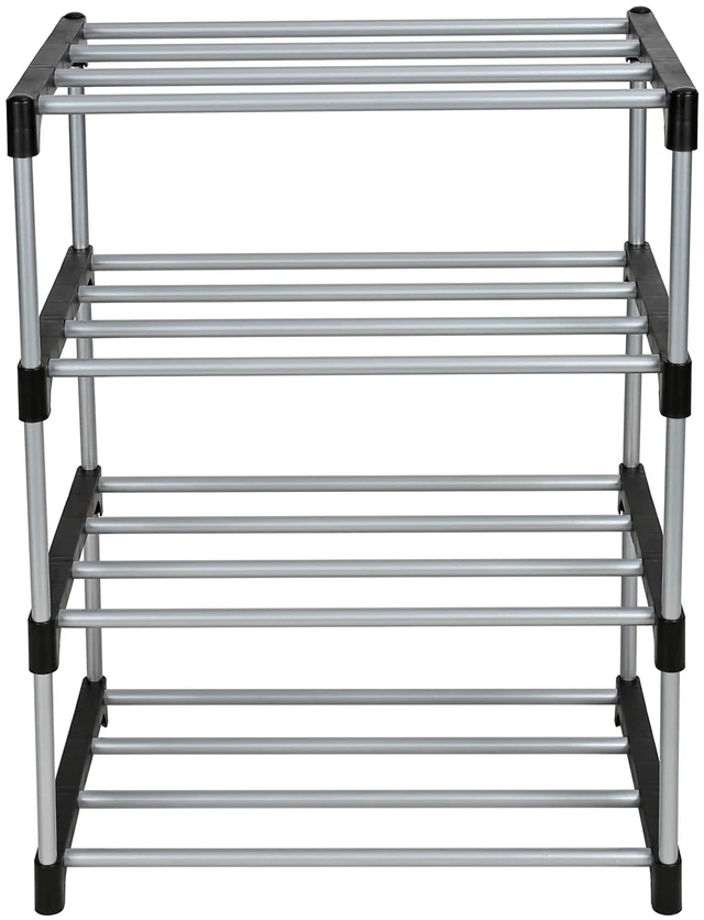 Main image of Mainstays 4-Tier Shoe Rack, Black and Silver, 8 Pairs, Metal Tubes & Plastic Connectors