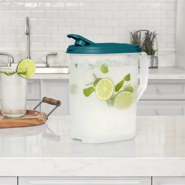 Alt view image 4 of 6 - Mainstays 1 Gallon Oval Pitcher with Flip-Top Spout, BPA-Free, Freezer and Dishwasher Safe, Teal Lid