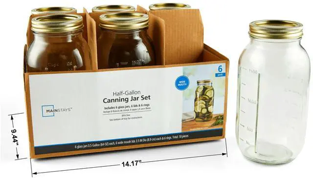 Alt view image 2 of 5 - Mainstays Wide Mouth Mason Canning Jars 64 oz Half Gallon with Lids and Rings 6-Pack