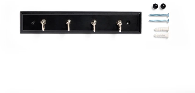 Main image of Mainstays 8.75 Inch Black Key Rail with 4 Satin Nickel Hooks for Keys, Mail, Leashes, 2 lbs Capacity, 1 Pack