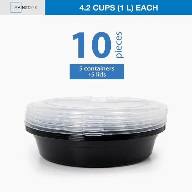Main image of Mainstays 10-Piece Round Meal Prep Containers 3-Compartments 1L BPA-Free Microwave & Dishwasher Safe