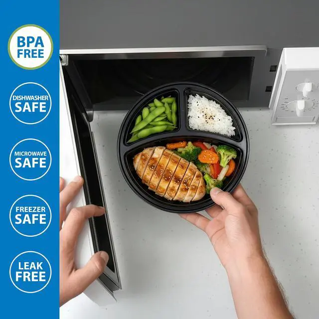 Alt view image 2 of 6 - Mainstays 10-Piece Round Meal Prep Containers 3-Compartments 1L BPA-Free Microwave & Dishwasher Safe