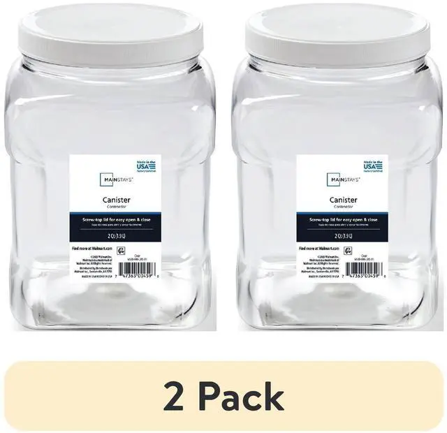 Main image of Mainstays 2qt Clear Plastic Food Storage Canister with White Twist-Top Lid, 2 Pack