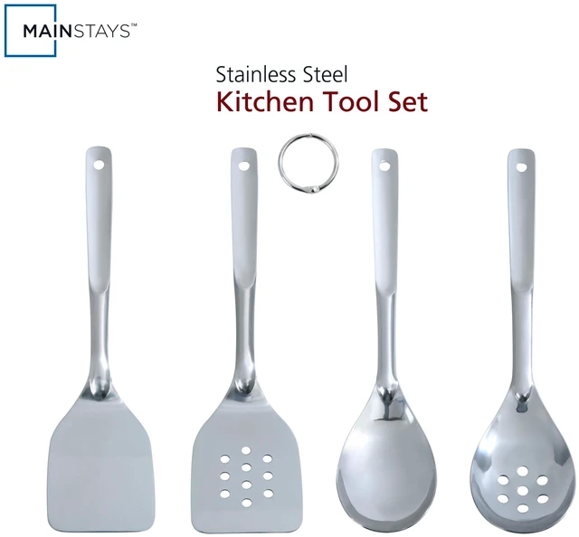 Main image of Mainstays Stainless Steel 4-Piece Utensil Set - Slotted Turner, Solid Turner, Spoon, Slotted Spoon