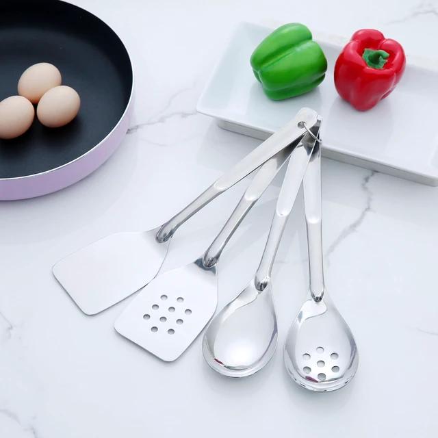 Alt view image 3 of 6 - Mainstays Stainless Steel 4-Piece Utensil Set - Slotted Turner, Solid Turner, Spoon, Slotted Spoon