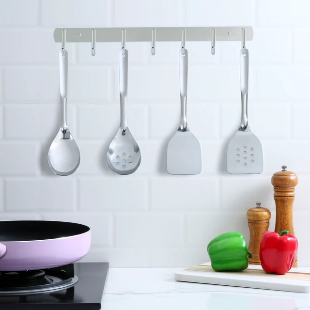 Alt view image 4 of 6 - Mainstays Stainless Steel 4-Piece Utensil Set - Slotted Turner, Solid Turner, Spoon, Slotted Spoon